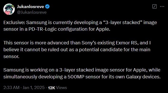 Tweet from leaker says that Apple will turn to new Samsung image sensor technology with the iPhone 18. | Image credit-@Jukanlosreve - Samsung working on new image sensors for iPhone while it develops a 500MP sensor for Galaxy phones