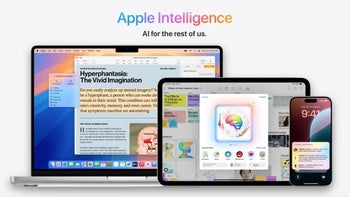 Apple Intelligence features are seen on a Mac, an iPad and an iPhone display.