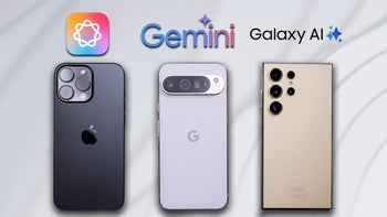 An iPhone 16 Pro Max, Google Pixel 9 Pro XL, and Galaxy S24 Ultra with the respective AI logos for each company above them.