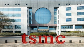 The TSMC word mark is seen in front of one of the foundry's fabs in Taiwan.