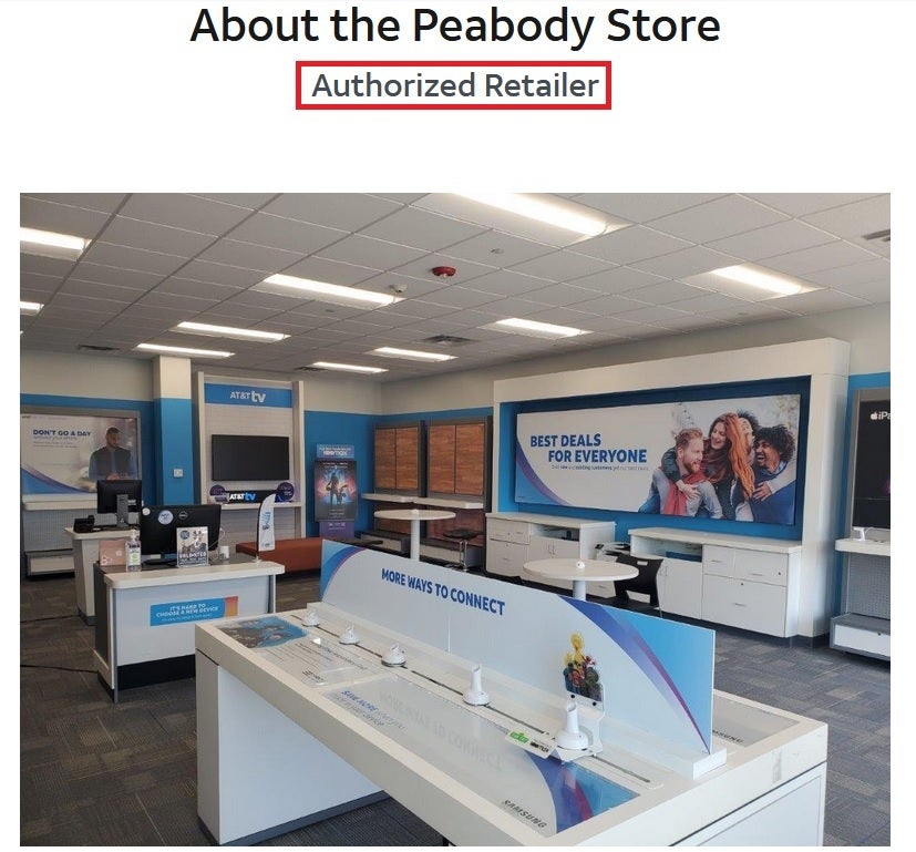 AT&amp;amp;T store locator shows an authorized retailer in Peabody, Mass.