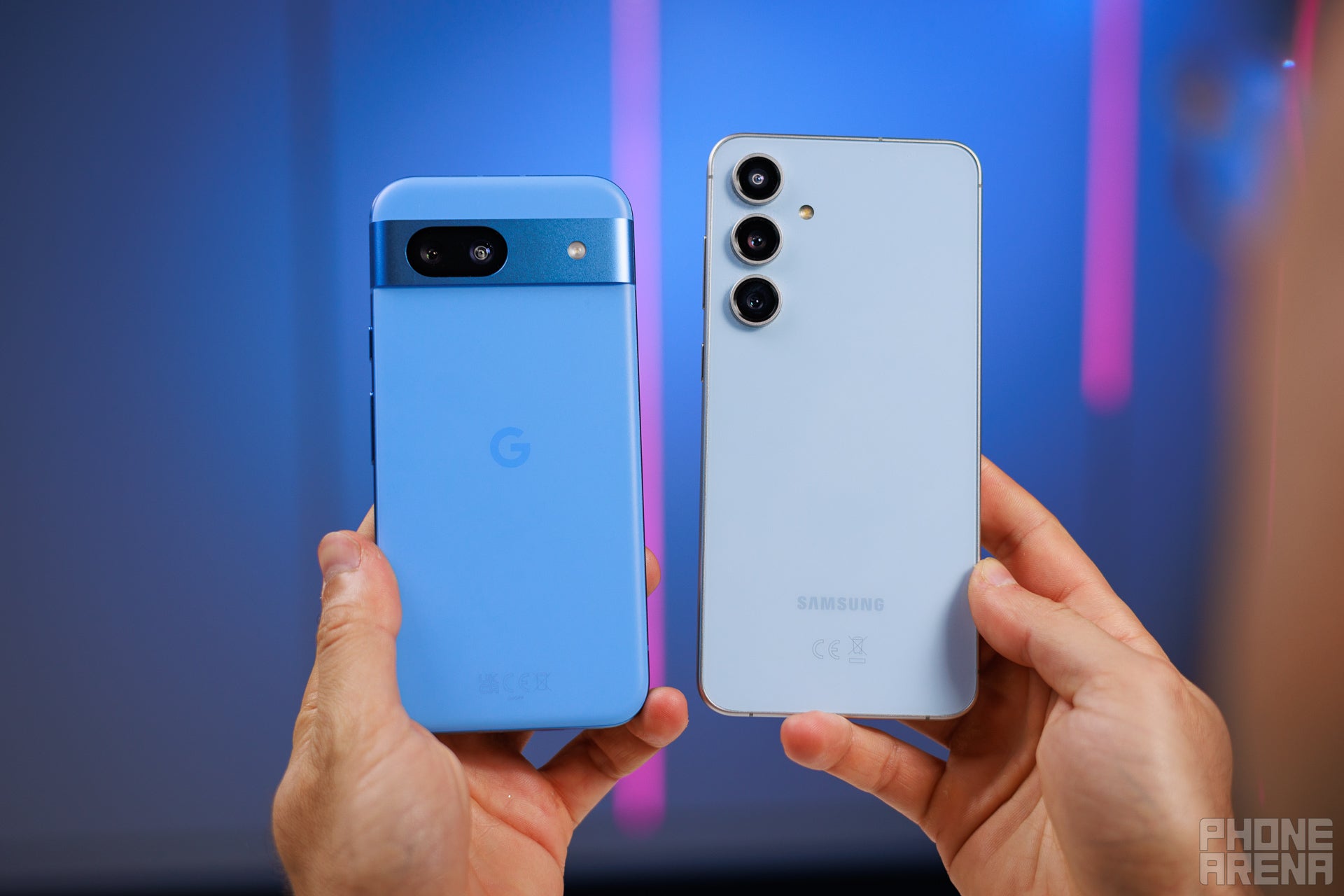 A back side picture of the Google Pixel 8a and the Samsung Galaxy S24 FE