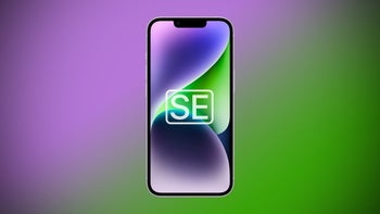 iPhone SE concept image featuring a vibrant green and purple gradient background and the ‘SE’ logo on the screen.