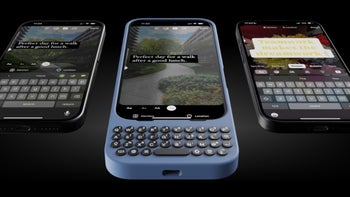 The Clicks keyboard case for the iPhone is flanked on both sides by an iPhone using the virtual QWERTY.