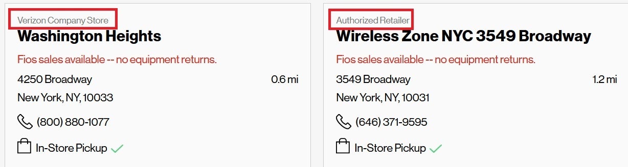 Verizon store locator differentiates between a corporate owned store and an authorized retailer.