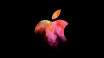 An orange-pink Apple logo on a black background.